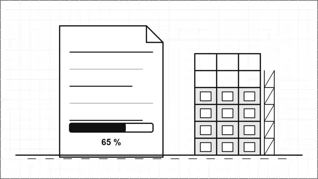 Illustration d'une situation de travaux à 65 % et d'un bâtiment en construction