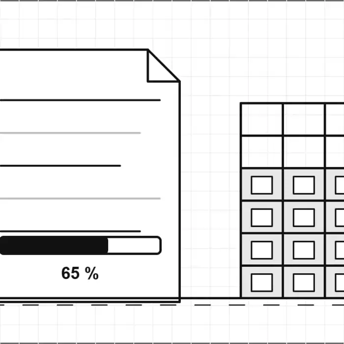 Illustration d'une situation de travaux à 65 % et d'un bâtiment en construction