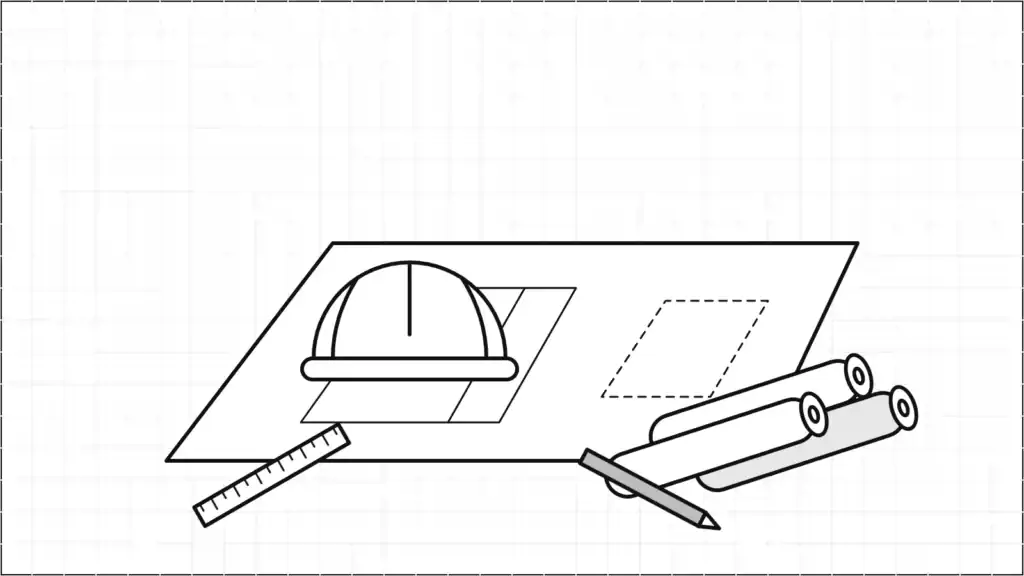 Illustration d'un casque de chantier posé sur des plans