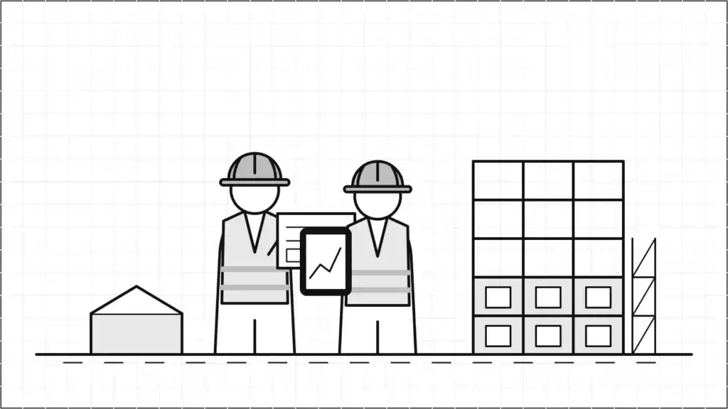 Illustration de deux techniciens de chantier consultant un plan et une tablette